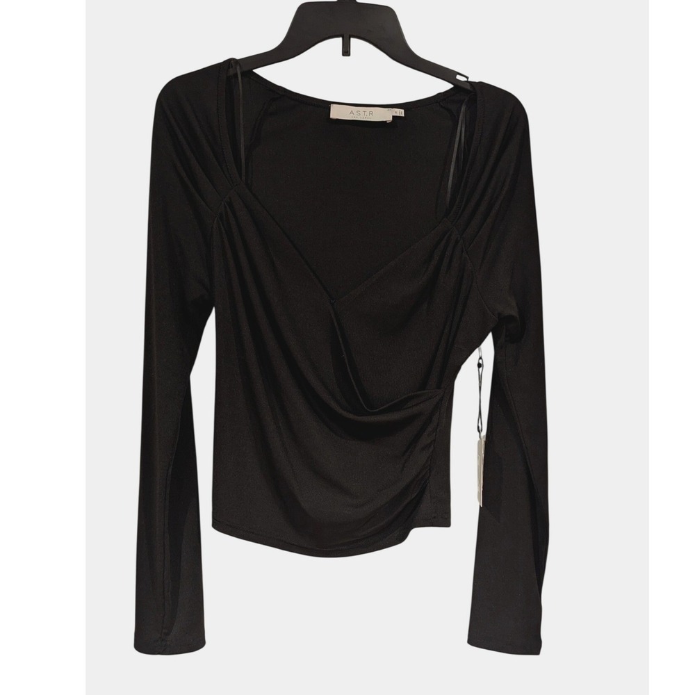 ASTR The Label Black Draped Ruched Top M Long Sleeve Fitted Going Out NWT